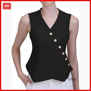 V-Neck Button Up Asymmetrical Hem Vest for Women, Sleeveless Waistcoat